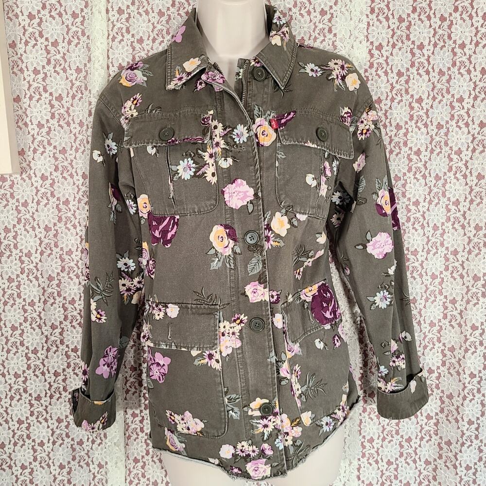Levi's oversized green floral printed cargo thin jean jacket size xs